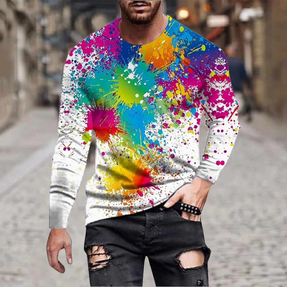 3D Printing Custom - เสื้อยืดแขนยาวพิมพ์ลาย 3D ลายสีรุ้งสำหรับผู้ชาย เสื้อยืดลายกราฟฟิตี้หมึกสีสันสดใส ศิลปะนามธรรมแปลกใหม่ เสื้อแขนยาวลำลอง