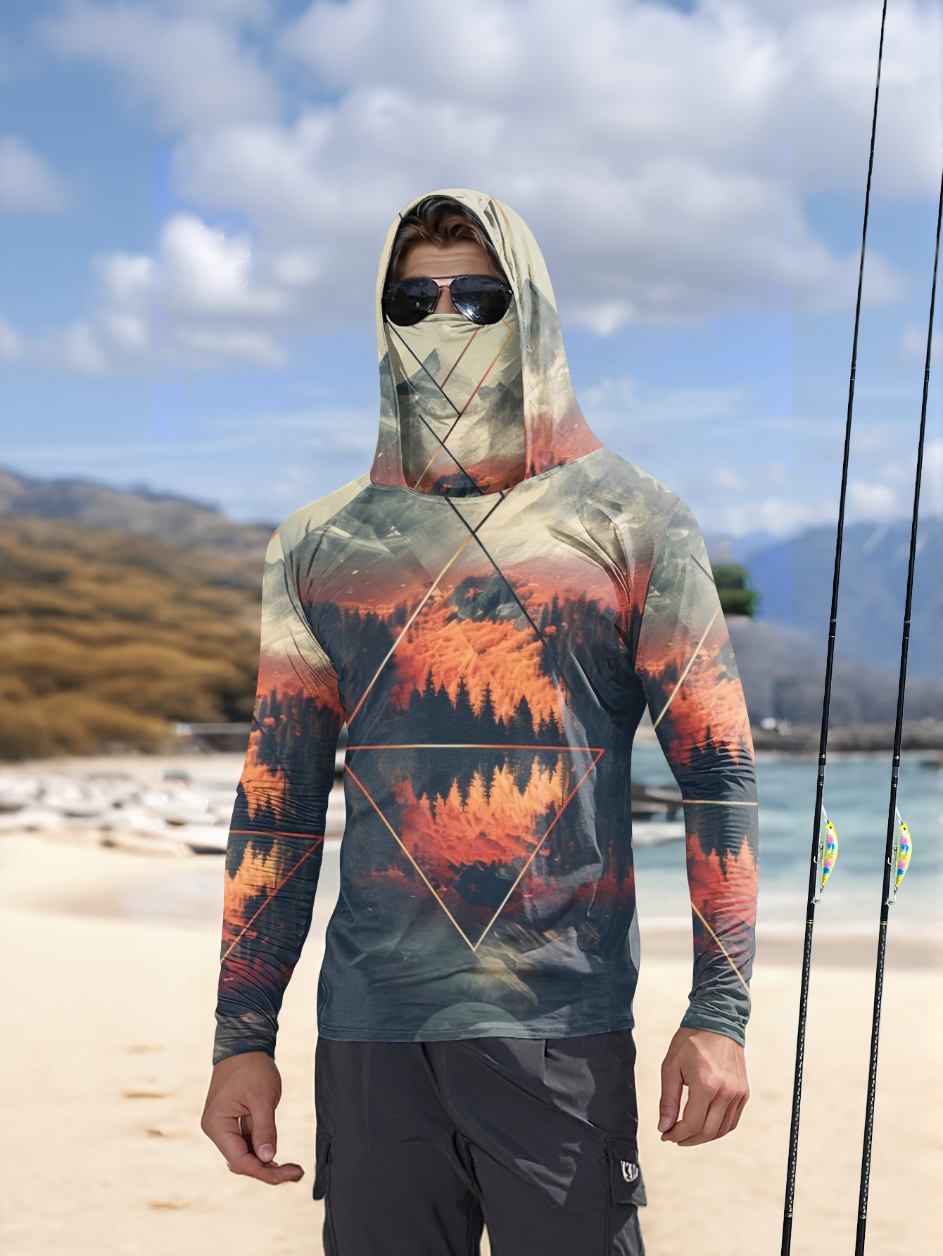 3D Printing Mask - เสื้อฮู้ดตกปลาสำหรับผู้ชายแบบกลางแจ้ง พร้อมหน้ากากในตัว ลายวิวภูเขา ป้องกันแสงแดด UPF 50